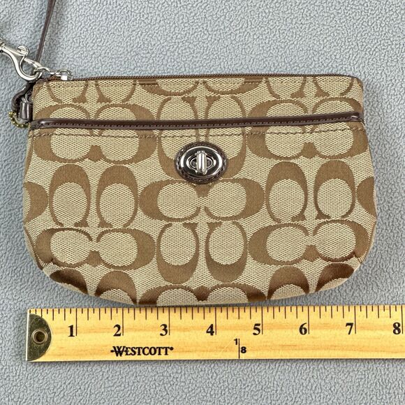 Coach Wristlet Park Signature Medium Brown Khaki Purse Turnlock Canvas Leather - Picture 3 of 9